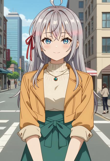 long hair, grey hair, ahoge, crossed bangs, blue eyes, hair ribbon, red ribbon AlyaSchool, cropped jacket, open jacket, brown jacket, red bowtie, white shirt, black vest, buttons, long sleeves, pleated skirt, black skirt, (white thighhighs:1.2) AlyaCasual, cropped jacket, yellow jacket, turtleneck, white sweater, pendant, sleeves rolled up, high-waist skirt, waist bow, green bow, green skirt bow bra, white bra, bow panties, white panties, medium breasts