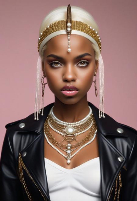 The image is a high-resolution photograph of a woman with a striking, avant-garde aesthetic. She is a person of mixed ethnicity, likely of African and European descent, with a medium to dark skin tone. She has a strong, athletic build and is wearing a provocative outfit. Her attire includes a white, satin-like top with intricate, ornate details: gold chains, pearls, and large, ornate buttons. The image is a high-resolution photograph of a young woman with a striking, elaborate headpiece. She has light skin and shoulder-length, straight, platinum blonde hair. Her eyes are a striking blue, and she has a subtle, natural makeup look with a touch of pink blush on her cheeks and a soft pink lipstick. She is wearing a unique, handmade headpiece that is a blend of intricate beadwork and decorative elements.  The image is a high-quality photograph of a person with dark skin, likely of African descent, standing against a solid, bright yellow background. The subject is dressed in a dark, shiny leather jacket with a textured, almost matte finish. The jacket is adorned with numerous safety pins, arranged in a chaotic, artistic pattern, giving it a punk or avant-garde aesthetic.