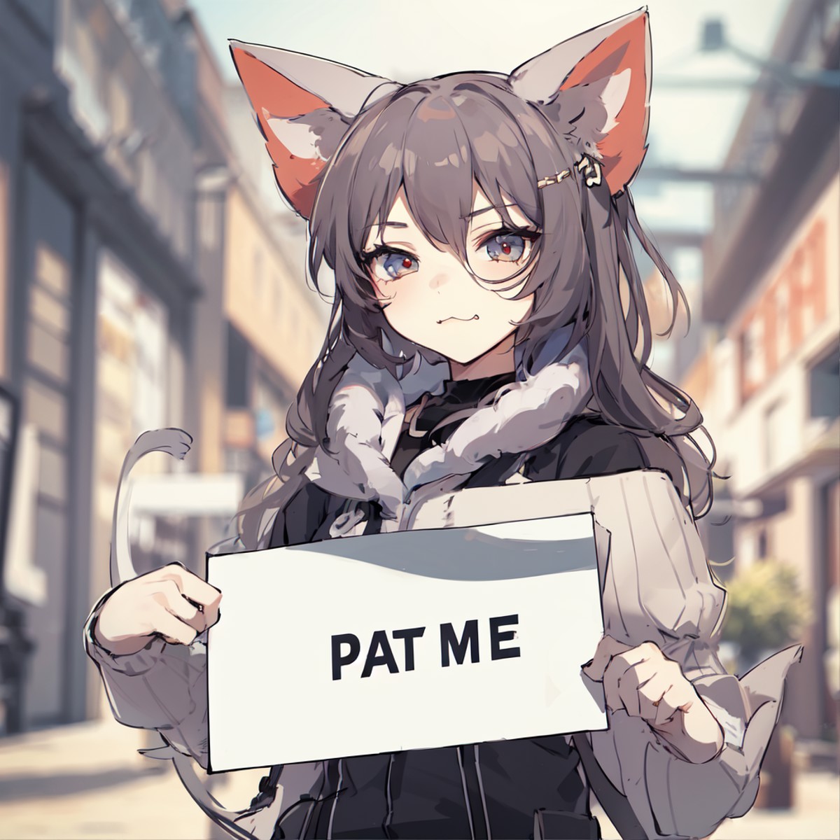 anime, a catgirl holding a sign that says "Pat me", :3, catmouth, smug