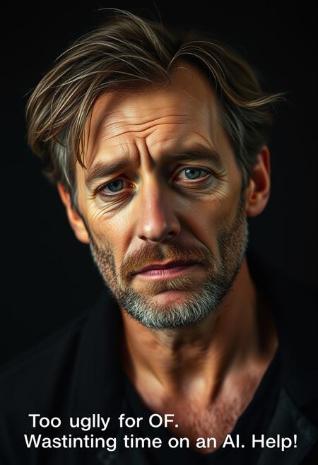 Emotional portrait photograph of a crying middle aged European man saddened by the realization of a wasted life. He looks disheveled with unkempt hair and beard stubble. He does not manage to control his despair and tear roll on his face.
The portrait is lit like a Rembrandt masterpiece with a pitch black backdrop.
A caption under the picture reads "Too ugly for OF. Wasting time on AI. Help!"