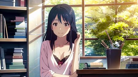 masterpiece,best quality,1girl, solo, black hair, brown eyes, long hair, bookshelf, book, collarbone, sunlight, upper body, smile, indoors, bow, bra strap, adjusting hair, shirt, window