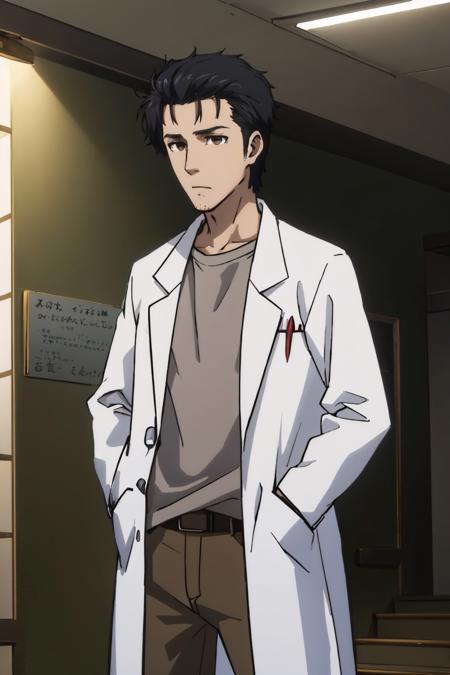 (masterpiece, best quality:1.2), solo, male focus, 1boy, okabe rintaro, expressionless, closed mouth, hands in pockets, labcoat, shirt, brown pants <lora:steinsgate_okabe:0.9>