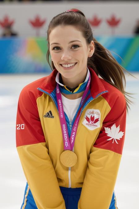 JamieSale, ((ice skating, ice rink, ice skates)), Olympics, ((gold medal around neck)), waving to crowd, arena, (shoulder-length hair, triangular hairdo, straight hair:1.2), (20 years old), smile:2, laughing:1.3, (red Canada sports uniform:1.3), head tilt, modelshoot, pose, in love, ((masterpiece, best quality, extremely detailed, perfect face, perfect body:1.2)), smile:1.2, closeup on upper body