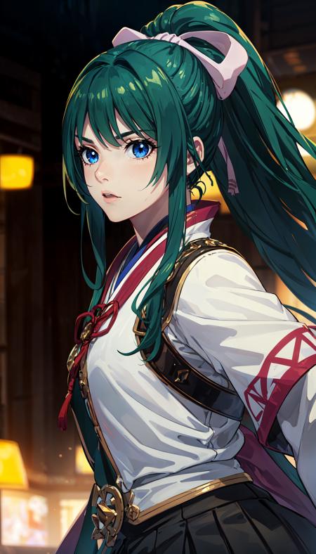 green hair long hair ponytail hair bow blue eyes japanese clothes hakama skirt