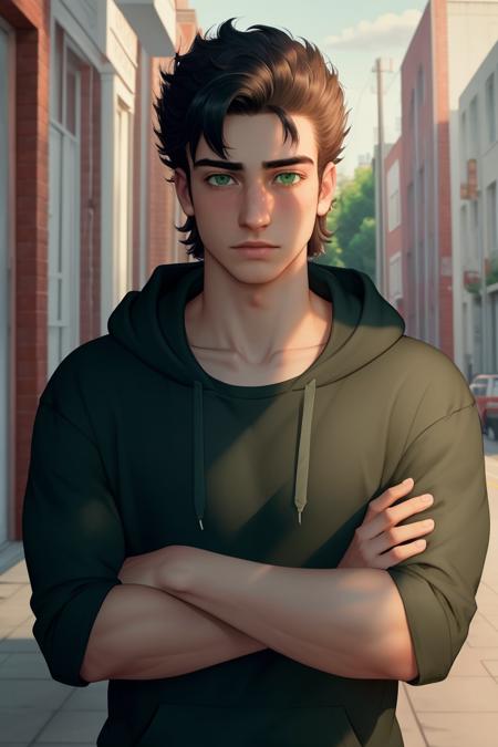 masterpiece, best quality, sebastian sdv, solo, black hair, looking at viewer, 1boy, upper body, short hair, collarbone, day, black hoodie, outdoors, green eyes, crossed arms, hair between eyes, bags under eyes