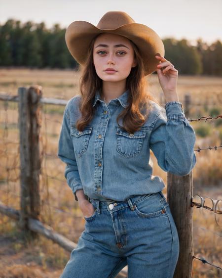 Chz-EllaP2, (8k, meticulously-detailed, Ultra-HD-realistic:1.3), RAW photo of a female rancher, close-up, face focus, wearing a cowgirl outfit, denim and flannel, artistic composition, standing near an old barbed-wire fence on the Western Kansas plains, expansive emptiness, languid loneliness, (contemplative pose), volumetric lighting, (perfect-eyes, masterpiece, best quality:1.4),