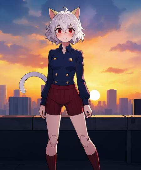 ((masterpiece)), (best quality:1.7), (detailed:1.4), (high res:1.4), 8k, (colorful:1.5), 2d, high resolution, sharped image, 4k, hd, neferpitou_hunterxhunter, yellow eyes, tail, other focus, socks, looking at viewer, solo, 1other, animal ears, curly hair, blush, androgynous, short hair, cat ears, smile, white hair, joints, doll joints, blue shirt, cat tail, standing, long sleeves, shorts, full body, ((bare legs)), red light socks, red light shorts, ((amateur)), (narrow eyes), ((slim)), long legs, city, buttons, cat tail, (((2d))), ((cartoon)), red eyes, long sleeves, hair between eyes, :3, curly hair, striped, striped shorts, standing, outdoor, ((full body)), blue, sky, shiny, cinematic lights, sunset, medium breasts, ((sad)), ((adult character)), <lora:neferpitou_hxh:0.6>, <lora:thickerLinesanimeStyle:0.6>