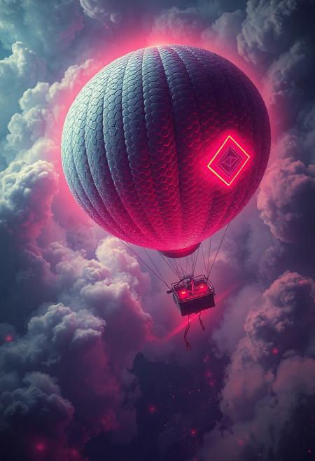masterpiece, ultra-detailed, top-down view of a trippy neon zeppelin drifting through tangled circuits and misty clouds, reptile-scale patterns glowing under electric stormlight, vibrant colors, no humans