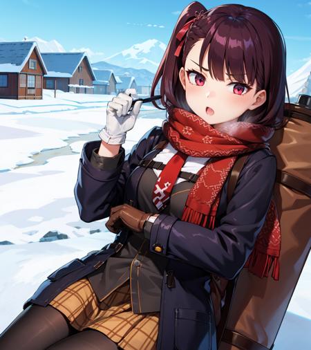 <lora:Wa2k:1>,
1girl,Wa2k,scarf,coat,white gloves,necktie,snowflake print,brown skirt, pantyhose,enpera,one side up,hair ribbon,snow,village