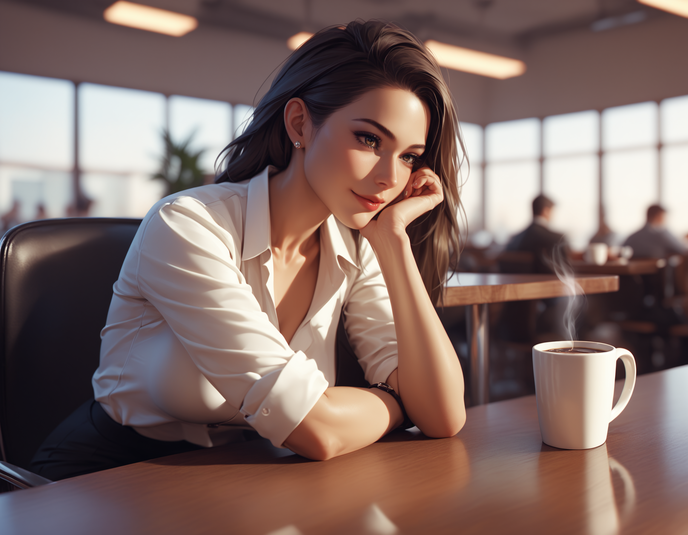 score_9,score_8_up,score_7_up,realistic,solo,office lady,sitting,elbow rest,coffee mug,restaurant,zPDXL3,OverallDetailXL,