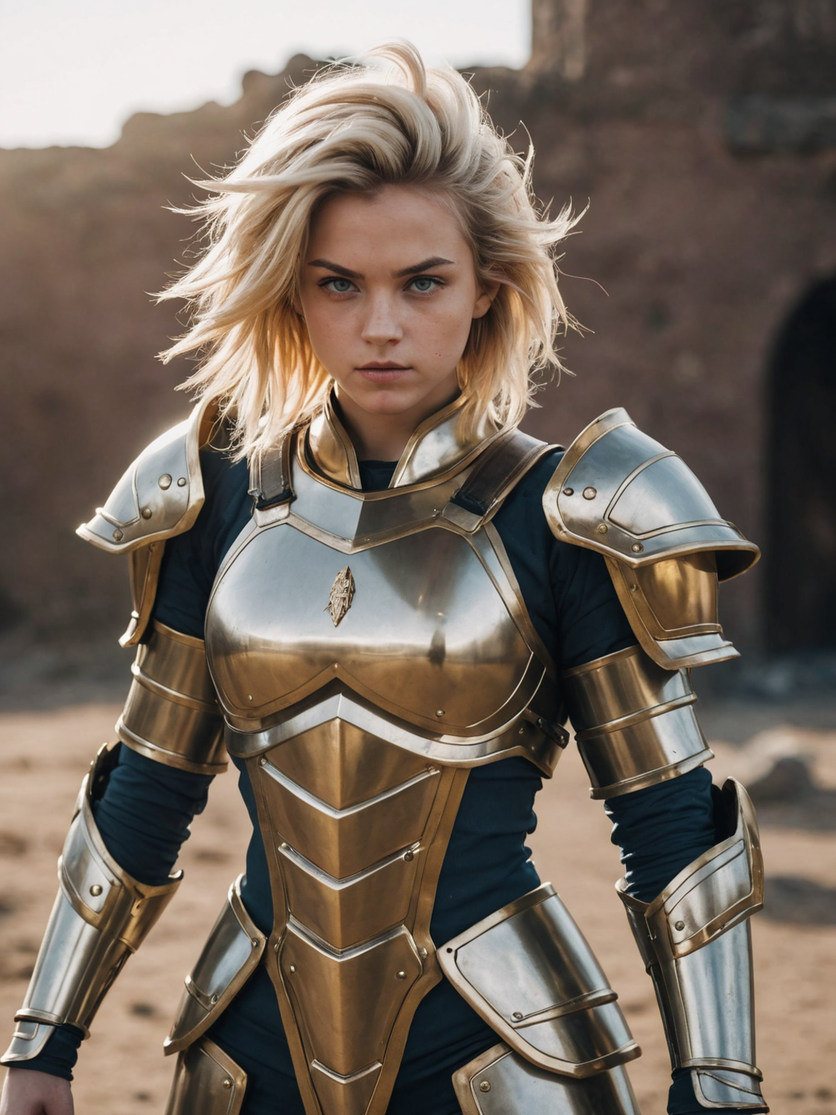 A blonde woman wearing a gold armor and a sword.