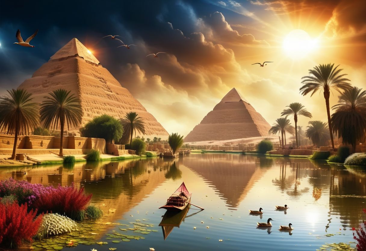 cinematic photo of [[[Khufu ship]]] sailing on small lake beside magnificent three pyramids of Giza appear clearly, ducks and geese swimming, papyrus plants, charm, Professional lighting, full of life, Lively and energetic, 8K, rays of sun flow beyond heavy clouds, HDR, Cinematic Shot, Cinematic Lighting, amazing world, pure perfection, wide angle exterior background, autumn leaves, grass, flowers, jasmine flowers, palm trees, nebula horizon.