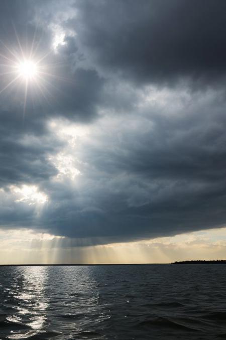 ride it on a cold lake, the sky is cloudy and you can see a ray of sun coming through the cloud