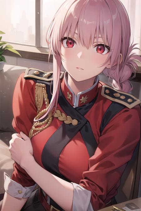 florencenightingale, <lyco:florencenightingale-lyco-nochekaiser:1>,
florence nightingale, pink hair, long hair, (red eyes:1.5), hair braid, sidelocks, folded ponytail, single braid, braid, braided ponytail,
BREAK military, military uniform, uniform, (red uniform:1.5),
BREAK looking at viewer,
BREAK indoors,
BREAK <lyco:GoodHands-beta2:1>, (masterpiece:1.2), best quality, high resolution, unity 8k wallpaper, (illustration:0.8), (beautiful detailed eyes:1.6), extremely detailed face, perfect lighting, extremely detailed CG, (perfect hands, perfect anatomy),