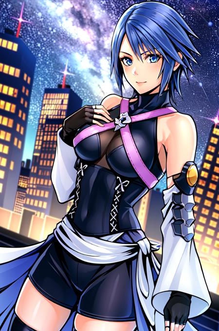 aqua \(kingdom hearts\), 1girl, absurdres, nomura tetsuya, close up, masterpiece, blue eyes, blue hair, breasts, chest strap, elbow gloves, gloves, highres, (skirt), (kingdom hearts), looking at viewer, gaping mouth, solo, night, starry sky,  wide sleeves, medium breasts, detatched sleeves, black shorts , fingerless gloves, dark background,  (thighhighs), darkness, scenery, outdoors, (skyscrapers),

<lora:aqua:0.60> <lora:nomura_tetsuya:0.4>