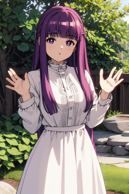 fern, purple eyes, bright pupils, white pupils, purple hair, long hair, blunt bangs, hime cut, sidelocks black robe, hooded robe, hood down, white shirt, frills, buttons, long sleeves, white skirt, long skirt, black boots