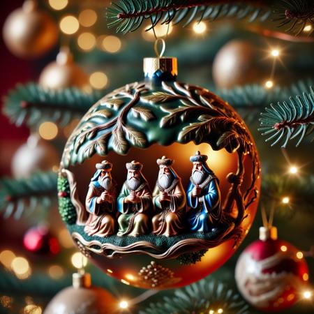 very realistic close-up photograph of a  Christmas sphere with a three wise men on it hanging in a Christmas tree branch