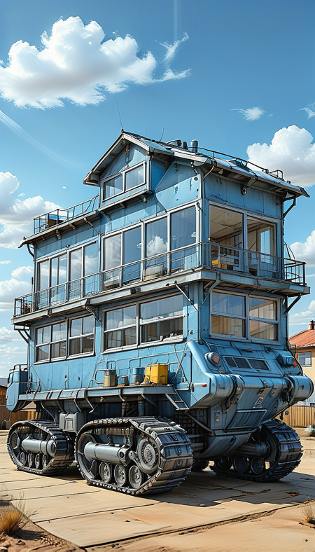 (sky, ground vehicle, no humans, day, cloud, vehicle focus, motor vehicle, outdoors, military, military vehicle, blue sky, scenery, window, aircraft, Tracked Vehicle, Traction City, blue and gray paint, house)
(ultra sharp focus:2), (detailed windows:2), (thin lines:2), (reflections:0.5), (best quality:1.8),
<lora:Apparatus_-_Traction_City_Walkers_Vehicles:0.8>