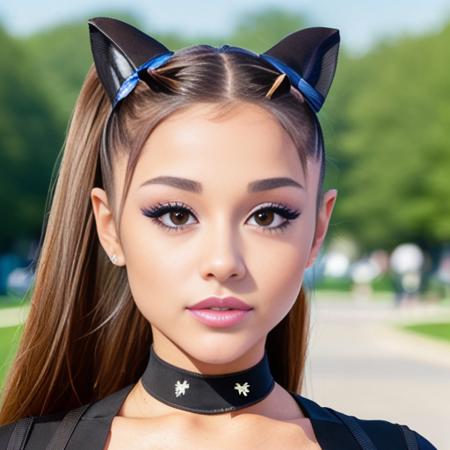 photo of a ariana-10000, dynamic posture, slender physique, pouty, (extremely detailed:1.3), (textured skin:1.3), (slutty makeup:1.3), small, petite, lipstick, (detailed eyes), highres, realistic lighting, high ponytail, cat ears, freckles, choker, (sexy clothes:1.2), (background in public park:1.2), (sunny:1.3),