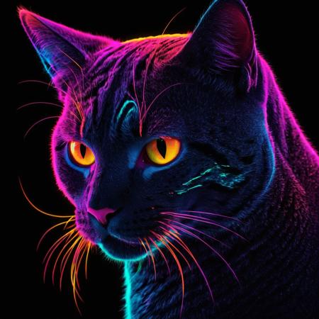 fluorescent cat, vivid colors, tiny glowing edges, luminous and colorful designs, dark background, digital illustration