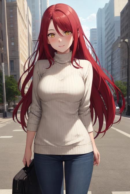 masterpiece, (best quality), 1woman,1girl ,kawasegawa_eiko1,  red hair , yellow eyes,long hair,young woman  ,best quality ,white sweater,oversized sweater, jeans, vibrant colors ,natural lighting  ,RTX,  medium breasts, beautiful, (detailed face:1.2), showcase,smile, blush ,(photorealistic:1.0), 8k uhd,  looking a viewer,  outdoors,  park, , simple backround, (perfect eyes:1.2), (detailed eyes:1.1),