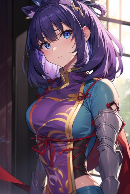 mao rixia, (purple eyes:1.1), purple hair, chinese clothes, gauntlets, mary janes, thighhighs,