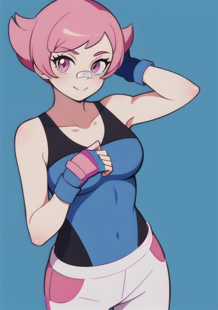 maylene 1girl, solo, breasts, smile, short hair, bangs, gloves, closed mouth, collarbone, pink hair, pants, hand up, fingerless gloves, pink eyes, eyelashes, clenched hand, bandaid, outline, white pants, bandaid on face, blue gloves, bandaid on nose, bandaid on arm