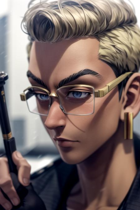 (best quality:1.1), (masterpiece:1.4), , , , depth of field, , realistic, 1boy, solo, male focus, <lora:tetta_kisaki:1>, tetta_kisaki, blonde hair, grey eyes, , glasses, zombie costume, science fiction dystopian, 12k resolution