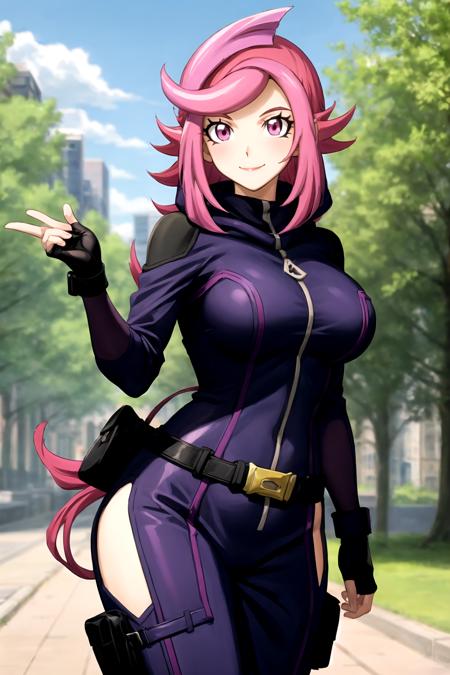 masterpiece,  best quality,  best aesthetic,  anime,  ultra detailed,  outdoors,  city,  park,  trees,  1girl,  (emma_bessho:1.2),  (pink hair,  purple hair:1.2),  pink eyes,  low-tied long hair,  (large breasts:1.2),  (wide hips:1.2),  (purple bodysuit:1.2),  (long sleeves:1.2),  pants,  (black gloves,  fingerless gloves:1.2),  (standing,  cowboy_shot:1.2),  hand on hip,  (smile,  closed mouth:1.2), <lora:EMS-81977-EMS:0.800000>, , <lora:EMS-179-EMS:0.300000>