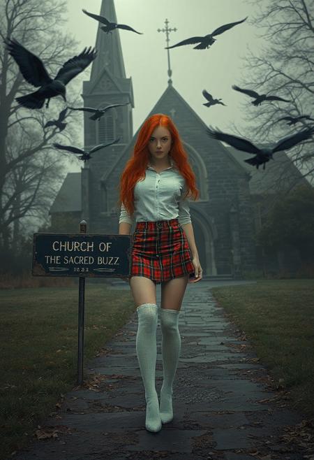 (masterpiece, ultra-detailed, high-resolution, cinematic lighting, photorealistic).
A hot redhead woman in red plaid skirt, white button down shirt, knee high white socks,  sexy body, cute face, is standing in front of an old gothic church, ravens flying around:0.8, mystery and dark:0.8, horror, foggy, old sign on pathway to church says “CHURCH OF THE SACRED BUZZ”:2.5,