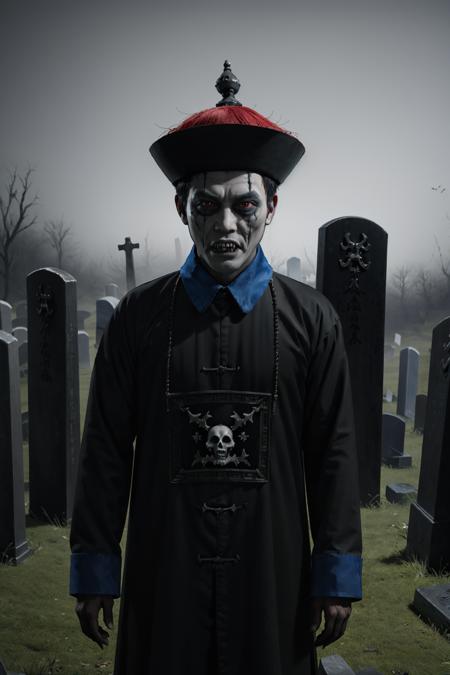 ((masterpiece)),((best quality)),8k,high detailed,ultra-detailed,intricate detail,cyberpunk,((1boy:1.2)),jiangshi costume,(huangfu paper on head),(Eerie atmosphere:1.2), (Spooky lighting:1.1), in a dimly lit, ancient, and desolate graveyard, Fog swirling around, haunting and unsettling, Creepy jiangshi rising from the grave, worn and tattered costume, (Decaying skin texture),((Sinister aura)), (Mysterious fog:0.8), Chilling and suspenseful, with a sense of otherworldly dread, (Haunted tombstones:1.2), (Moss-covered gravestones:1.1), (Creeping shadows), Visualized in a Frank Miller style, Black and white, horrifying, Maxon Cinema 4D, Capturing the ghastly resurrection of the jiangshi, an unsettling and eerie scene.,<lora:QDjiangshi:0.7>,