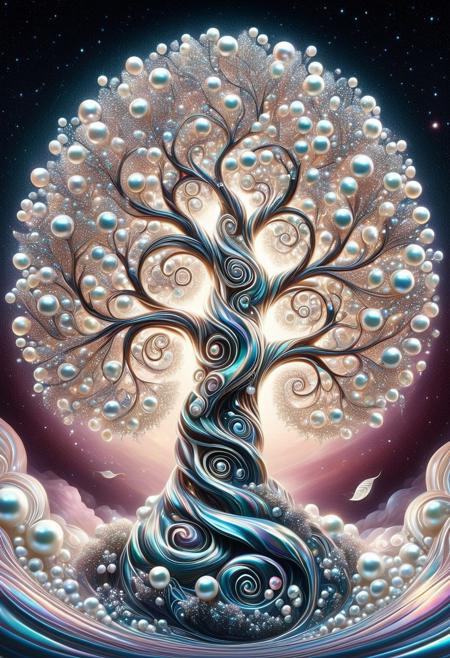 A magical tree growing in zero gravity, its Pearlum leaves forming spirals of light through space, dramatic lighting, surrealism, psychedelic art, vibrant color palette, symbolic elements, animal-human hybrid figures, feminine energy, distorted anatomy, high contrast, dreamlike atmosphere, fluid motion, detailed textures, fine art photography style, expressive forms
