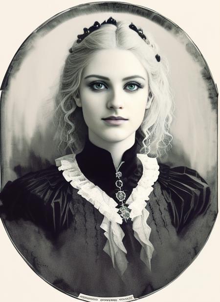 portrait of a majestic blonde french woman ,smirk, cinematic, detailed <lora:monochrome :1> witch ,fantasy,artstation, monograph ,haunted, beautiful face. 1902, ((black and white)), film grain, faded