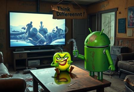 "In a grimy, dilapidated Florida crackhouse, a cartoonish green apple with exaggerated, glaring eyes and twisted limbs engages in a surreal confrontation with the iconic Android logo robot. The apple, seated on a battered, stained coffee table, grins menacingly, clutching a glass pipe. Wisps of smoke curl up from the pipe, drifting through the harsh, flickering light of a massive OLED TV mounted on the wall.
The TV blares an unnervingly vivid Apple computer commercial, its bright visuals casting sharp, unsettling shadows across the room. The walls are covered in grime and graffiti, with peeling wallpaper and broken fixtures. The floor is littered with trash, broken furniture, and empty cans, adding to the squalid atmosphere.
The Android robot, with a rusted, dented exterior and malfunctioning eyes, stands in a defensive stance with twitching antennae. Above the TV, a warped, grimy cardboard sign with 'Think Different!' hangs crookedly. The sign’s jagged, irregular lettering is illuminated by flickering LEDs, casting eerie shadows on the peeling stucco walls.
The air is thick with the stench of mildew and decay, mixed with the acrid smell of smoke from the apple's pipe. The green apple’s glossy skin and the Android’s grimy, rusted body are highlighted by the cold, flickering light, enhancing the bizarre and unsettling scene in this derelict, drug-ridden setting."
