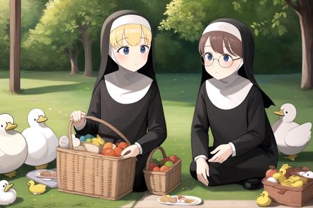 littlenuns, multiple girls, picnic basket, ducks, detailed, nun, glasses, <lora:littlenuns-000020:0.5>, masterpiece, best quality