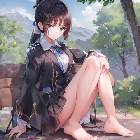 1girl, solo, hair ornament,bangs, ponytail hair, black hair, military black uniform, black clothes, skirt, purple skirt,light blue blazer,white shirt, green eyes,neck ribbon,hair ribbon,  boots,  inorists girl,<lora:inorists:1>