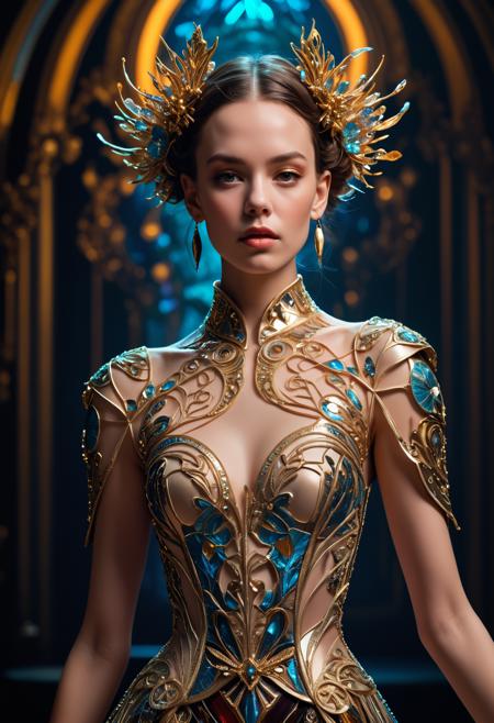 Abstract style Roku WildCards/Dreamshaper Quality, <lora:Alexander McQueen-art nouveau fashion embroidered:1>,Alexander McQueen,art nouveau,fashion embroidered,<lora:Abstract Concept-1girl:0.8>,concept art,1girl,<lora:LetThereBeLight:0.2>,Beeple,futuristic dramatic lighting, . Non-representational, colors and shapes, expression of feelings, imaginative, highly detailed