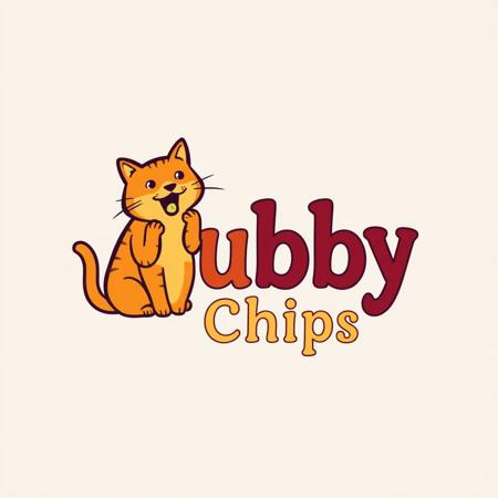 Logo "Chubby" in orange and "Chips" in maroon written together, to the left of text is a chubby ginger cat eating chips, 4 colors, whimsical font, whimsical
