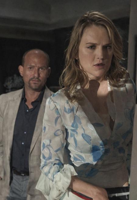 shot from above,50s Film thriller,  full body shot, panoramic view (((mia malkova  and Fiona Bruce angry face talking to Fredrik Ljungberg ,with a shadow on her face casting shadow style cucoloris patterned illumination, shallow depth of field, vignette, highly detailed, high budget, bokeh, cinema scope, moody, epic, gorgeous, film grain, grainy.,digital artwork by  "moebius"
