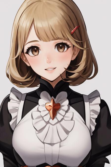 masterpiece, best quality, 1girl, solo, <lora:ryoukanarusawa-on-richy-v1:1> ryoukarnd, <lora:FEFatesMaid_v1:1> fates maid, parted lips,  smile, close-up, hair clip, hair ornament