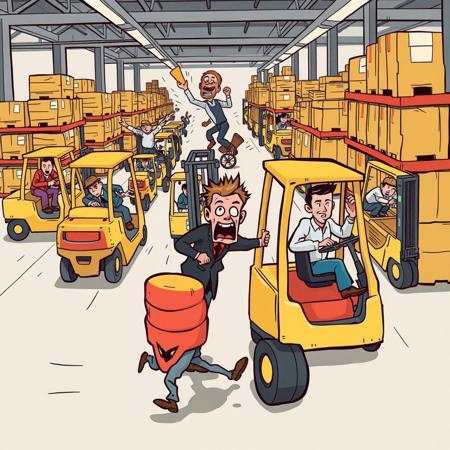 A humorous illustration of chaotic Forklift warehouse workers moving recklessly in different directions, looking disorganized and exaggeratedly clumsy. In the background, a terrified pedestrian flees with a comically exaggerated expression of fear.