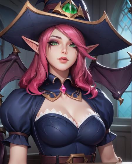 bwmorg witch hat, magenta hair, green eyes, pointed ears, lips, dark blue puff sleeves, short sleeves, dark blue collar, dark blue top, bracelets, bat wings, wings,  green potion, long skirt, black skirt, stockings, belt, 