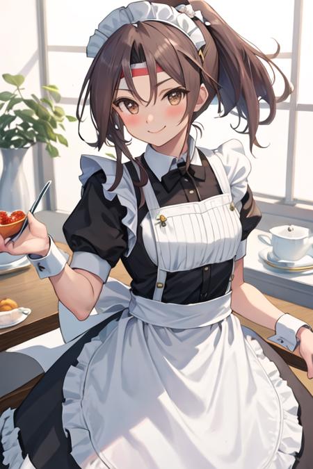 best quality, masterpiece, highres, solo, {maid:1.40}, {long maid dress:1.15}, {zuihou_kantaicollection:1.15}, long_hair, brown_eyes, ponytail, brown_hair, headband, hachimaki, high_ponytail, smile, blush