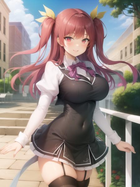 (masterpiece), (best quality),
stella vermillion, school uniform, garter straps, black thighhighs, confident, smile
school courtyard,