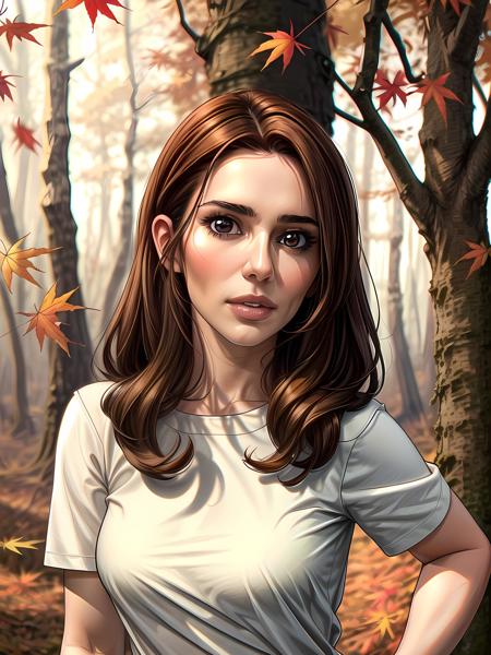 close-up portrait photo of ( Ch3rylC0l3 , (brown hair)++ , wearing a t-shirt), (forest, autumn colors)++, masterpiece++, (extremely detailed)++, (beautiful face)++, (detailed face)++, (beautiful body), gorgeous, (sexy pose), 4k+, UHD