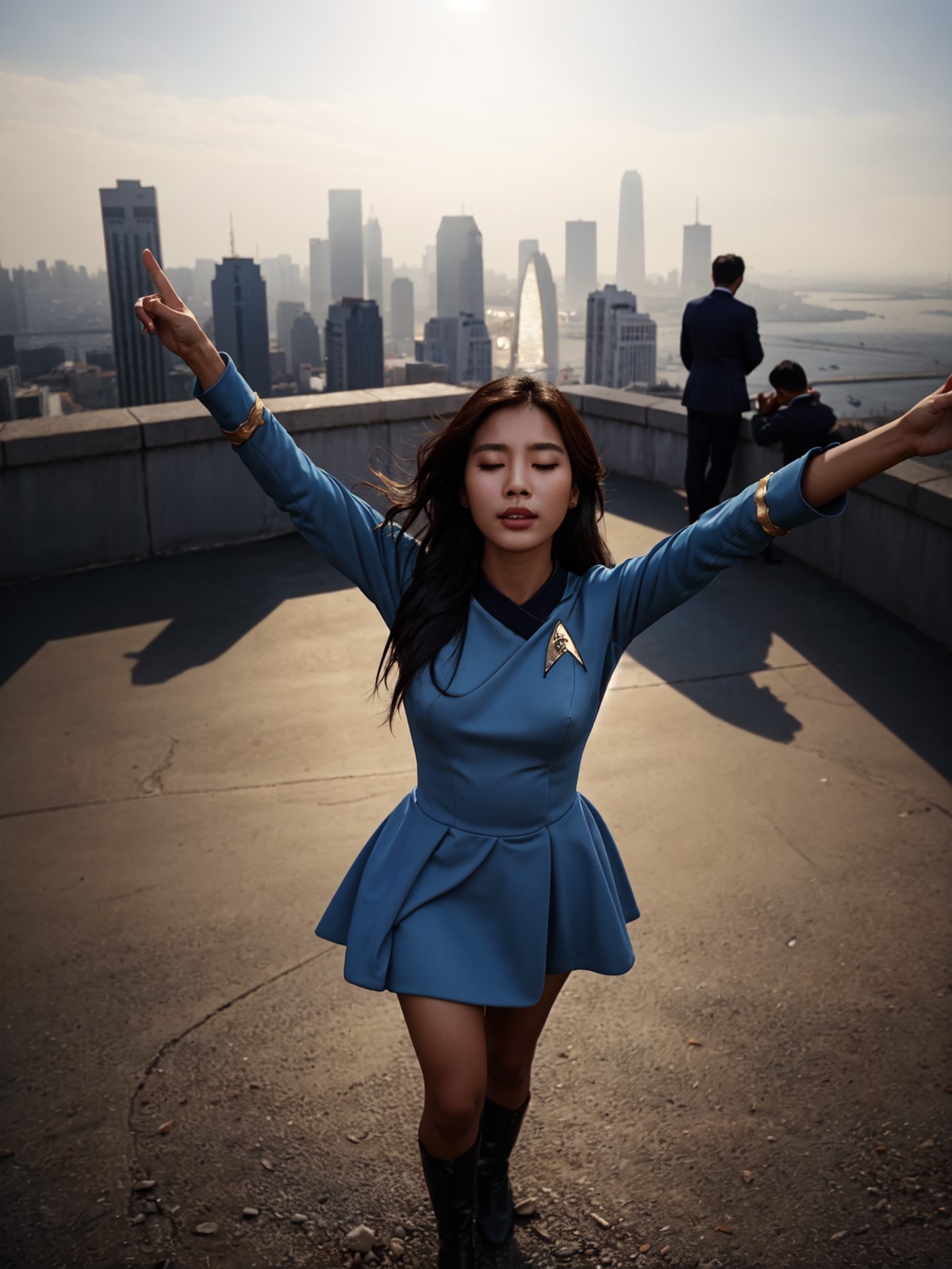 model shoot style, (high-quality, masterpiece, close selfie:1.4, 4k full HD photo) of a (Korean girl) wearing blue (startr...