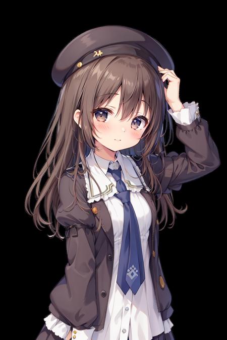 kuruha, xingbailieche, 1girl, solo, hat, simple_background, long_hair, blush, white_background, long_sleeves, brown_eyes, brown_hair, arm_up, necktie, shirt, blue_necktie, hair_between_eyes, puffy_sleeves, bangs, jacket, closed_mouth, juliet_sleeves, blue_headwear, upper_body,<lora:super-noir-v1:1>