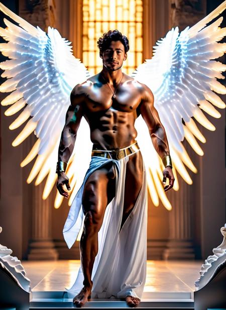 photorealistic, realistic, angel, angel wings, dynamic pose, loving aura, seductive smile, looking at viewer, 1boy, mature male, muscular male, ornate clothes, nsfw, realistic, sunlight, god rays