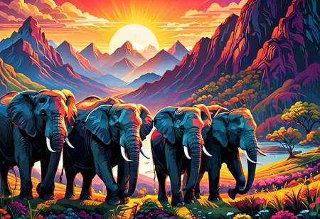 Vibrant and dynamic illustrations and vectors, bursting with color and life, offer viewers a visual feast for the eyes.. a group of elephants standing in front of a mountain, dan mumford. maya render, photorealist, sunshine lighting high mountains, paisley, journey, elephants. These high-quality images are a celebration of creativity and artistry, showcasing the talent and skill of the artist behind them.