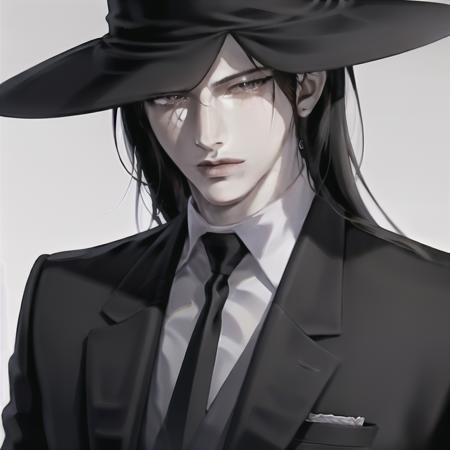 (masterpiece, best quality:1.2), 1boy, tall, holding hat, slender, black tie, suit, black overcoat, long overcoat, closed overcoat, black hat, large hat, pale skin, ((long hair:1.2)), black hair, white gloves, purple eyes, closeup shot, looking at viewer, blue sky, temple, forest  <lora:KuroudoAkabaneOverbaked:0.65>  <lora:kr-maleface:1>